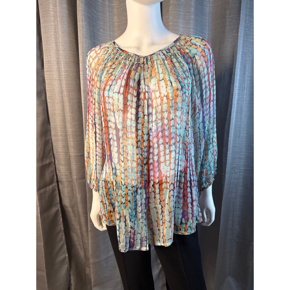 100% Silk Crepe Multi Color Button Front Top Sz M